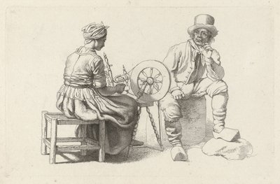 Studieark med en kvinde ved et spinnehjul og en siddende mand Studietryk / Etudes gravées (serietitel) af Jacob Ernst Marcus