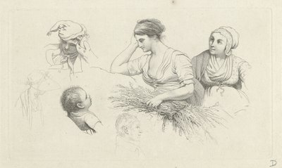 Studieark med en kvinde med et bundt grene og figurer Studietryk / Etudes gravées (serietitel) af Jacob Ernst Marcus