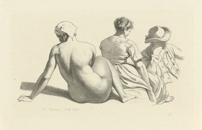 Studieark med siddende nøgen og to figurer Studietryk / Etudes gravées (serietitel) af Jacob Ernst Marcus