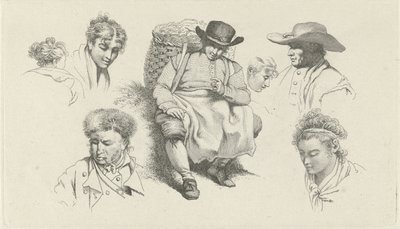 Studieark med figurer og en hvilende fiskehandler med pibe Studietryk / Etudes gravées (serietitel) af Jacob Ernst Marcus