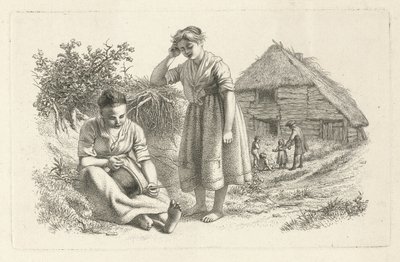 To kvinder og en mand med børn foran en lade Studietryk / Etudes gravées (serietitel) af Jacob Ernst Marcus