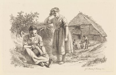 To kvinder og en mand med børn foran en lade Studietryk / Etudes gravées (serietitel) af Jacob Ernst Marcus