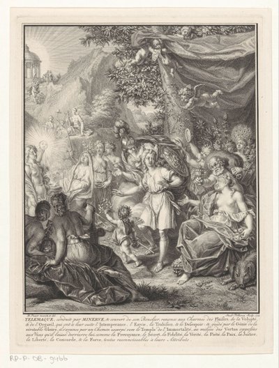 Allegorisk fremstilling med Telemachos og Minerva Titelside for: François de Fénelon, Les avantures de Telemaque, 1734 af Jacob Folkema