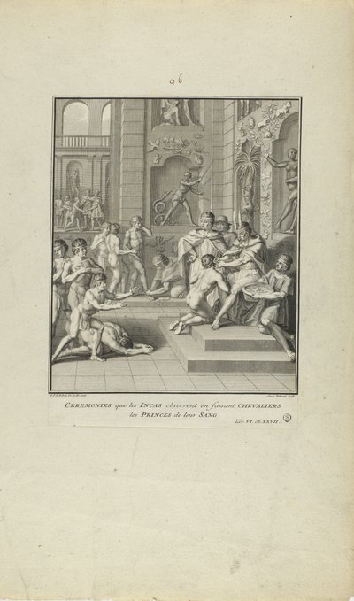 Inkaernes ceremonier for at gøre riddere/prinser af deres blod (fra bogen Histoire des Yncas...etc.) af Jacob Folkema