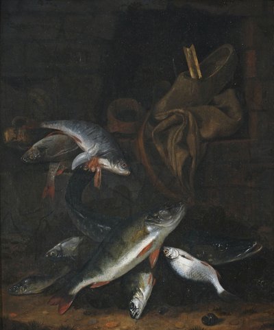 Fiskestilleben med gedde og brasen på en væg af Jacob Gillig