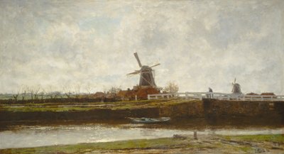 Udsigt over møllen og broen på Noordwest Buitensingel i Haag, 1873. af Jacob Henricus Maris