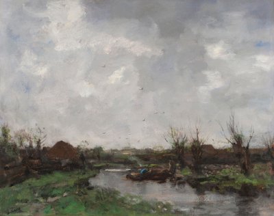 Et flodlandskab med bondegårde, slutningen af 1870