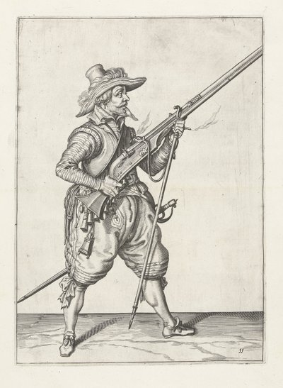 Musketer placerer sin furket nedenunder, ca. 1600 af Jacob II de Gheyn