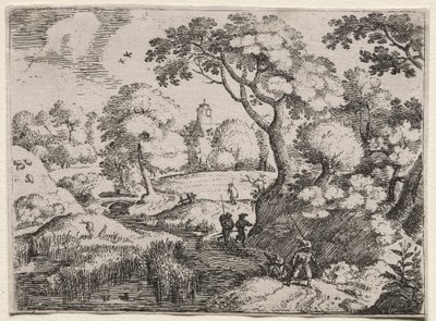 Seks landskaber: sti mellem sump og skovklædt bred, ca. 1595. af Jacob I Savery