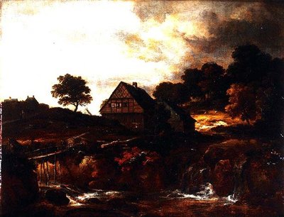 Skovklædt landskab med bonde på en bro over en torrent af Jacob I. van (follower of) Ruisdael
