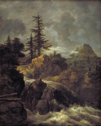 Landskab med et vandfald og en hytte af Jacob van Ruisdael