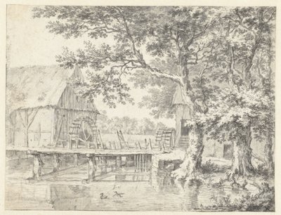Udsigt over to vandmøller, der flankerer en sluse af Jacob van Ruisdael