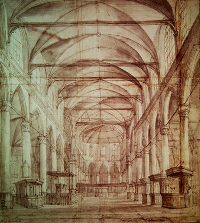 Indvendig udsigt over Oude Kerk (den gamle kirke) i Amsterdam (grafit og indisk blæk på papir) af Jacob van Ruisdael