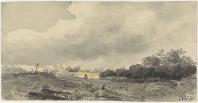 Landskab med hyrde under tung overskyet himmel af Jacob Jan van der Maaten