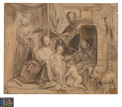 Tysk: Den hellige familie med Elisabeth og Johannes Døberen (bagside: dør, døråbning og Hermes)
Hollandsk: De Heilige Familie met Elisabeth en de kleine Johannes (side: Deur, deuropening en Hermes) af Jacob Jordaens
