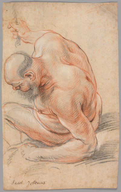 Nøgen gammel mand siddende, lænet på sin underarm, vendt mod venstre af Jacob Jordaens