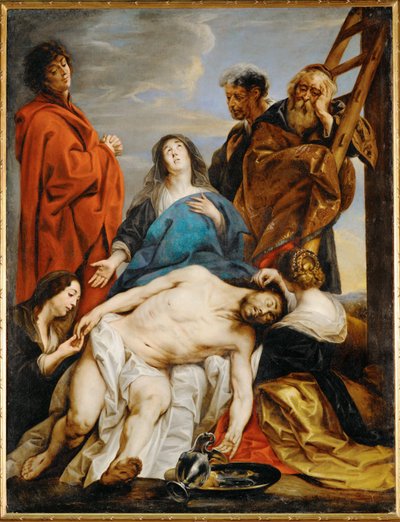 Pieta. Sankt Maria holder Kristi legeme på sine knæ.
knæ, Maria Magdalena trækker torne af Kristi pande
Maria Salome kysser hans hånd (maleri på lærred) af Jacob Jordaens