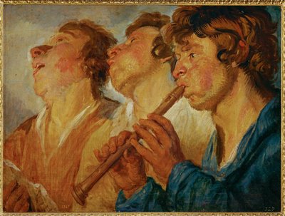 Tre omvandrende musikere, to synger, en tredje spiller ... (maleri på træ) af Jacob Jordaens