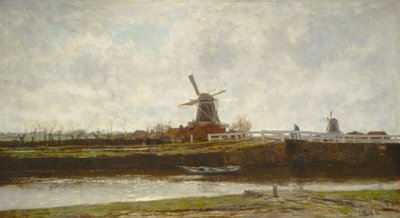 Udsigt over møllen og broen på Noordwest Buitensingel i Haag af Jacob Maris