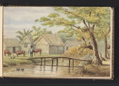 Slaveboliger på kaffeplantagen SorgvlietSlavebolig (titel på objekt)Udsigt over de sorte huse på plan(antage) Sorgvliet (titel på objekt)Album med tegninger af Surinam, s.5 (50) (serietitel) af Jacob Marius Adriaan Martini van Geffen