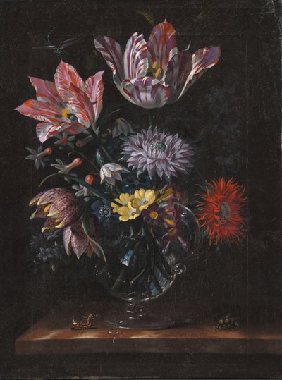 En glasvase med blomster af Jacob Marrel