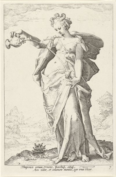 Matighed (temperance) De Deugden (serietitel) af Jacob Matham (attributed to)