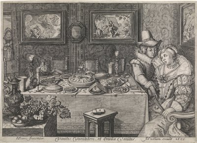 Ungt par sidder ved et overdådigt lastet bord af Jacob Matham (workshop of)