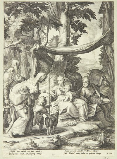 Den hellige familie siddende i et landskab med Elisabeth, Zakarias og Johannes døberen som barn af Jacob Matham