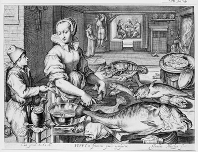 Køkkenscene med køkkenpige, der tilbereder fisk, Kristus i Emmaus i baggrunden, fra Køkken- og markedsscener med bibelske scener i baggrunden af Jacob Matham