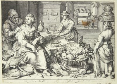 Køkkenscene med en køkkendame, der plukker fjerkræ af Jacob Matham