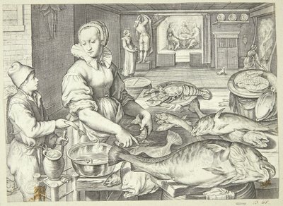 Køkkenscene med en køkkendame, der renser fisk af Jacob Matham