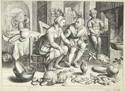 Køkkenscene med en mand og en kvinde, der steger en kylling af Jacob Matham