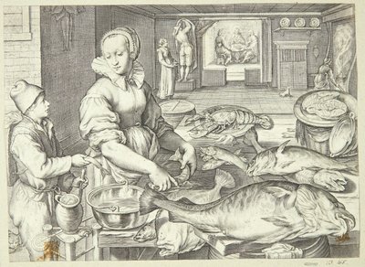 Køkkenscene med en køkkendame, der renser fisk af Jacob Matham