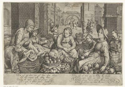 Markedsscene med lignelsen om arbejderne i vingården i baggrunden, ca. 1600 af Jacob Matham