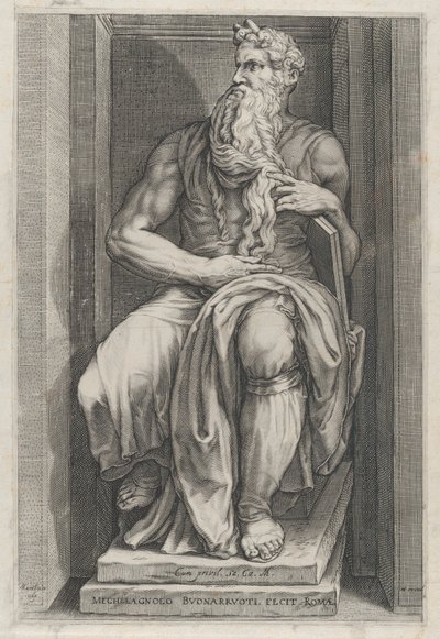 Mirror of Roman Magnificence: Moses efter skulpturen af ​​Michelangelo, 1500-tallet..., 1500-tallet. af Jacob Matham