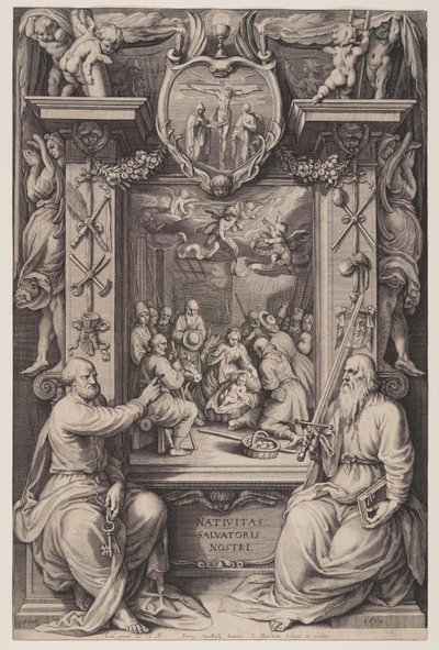 Hyrdernes tilbedelse med Sankt Peter og Sankt Paul af Jacob Matham