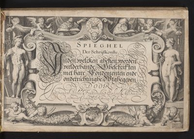 Titeltryk med allegorisk ramme og kalligraferet titel Spejl af skrivekunst, inden welcken ghesien mange slags skrifter med dets grundlag og uddannelse udleveres (...) Rotterdam. Anno 1605 (serietitel på objekt) af Jacob Matham