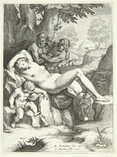 Venus og Amor sover og bliver iagttaget af satyrer af Jacob Matham