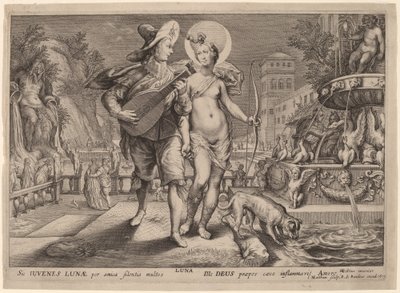 Diana som Luna, der ledsager en ung mand i Serenade af Jacob Matham, after Hendrik Goltzius