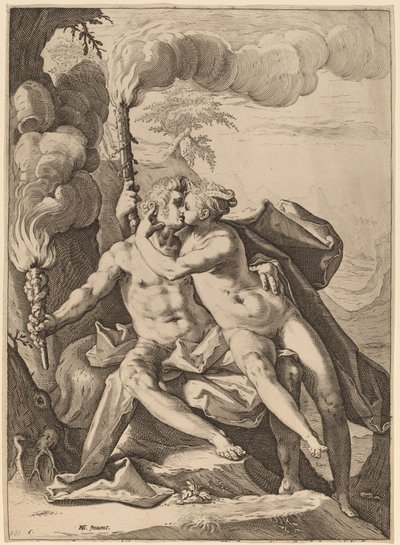 Eros og Anteros af Jacob Matham after Hendrik Goltzius