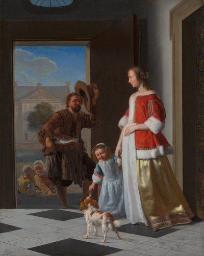 En fiskehandler ved døren, 1663 (olie på lærred på panel) af Jacob Lucasz Ochtervelt