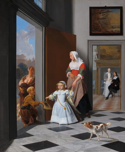 En sygeplejerske og et barn i en elegant foyer af Jacob Ochtervelt