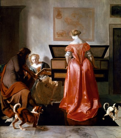 En kvinde spiller på en jomfru, en anden synger, og en mand spiller på violin. 1675-1682. (olie på lærred) af Jacob Ochtervelt