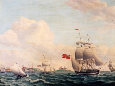 Skibe, der sejler gennem Øresund mellem Sverige og Danmark med Kronborg Slot i baggrunden af Jacob Petersen