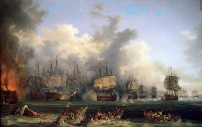 Det russiske slagskib St. Evstafius forlis i søslaget ved Chesma, 1771. af Jacob Philipp Hackert