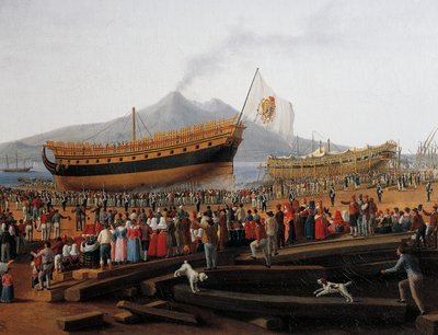 Lancering af skib i Castellammare di Stabia skibsværft (olie på lærred) af Jacob Philippe Hackert