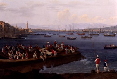 Napoli-bugten nær Santa Lucia, der viser flådeflåderne, der vender tilbage fra Algier af Jacob Philippe Hackert