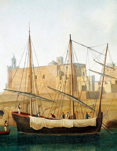 Udsigt over et skib i havnen i Monopoli, Apulien, Italien - (skib i havnen i Monopoli) Maleri af Jacob Philipp Hackert dit Hackert d