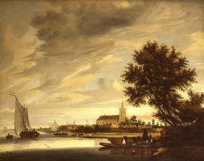 Et flodlandskab med en færge i forgrunden af Jacob Salomonsz. (circle of) Ruysdael