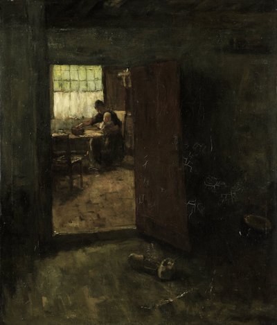 Husinteriør med landkvinde og barn af Jacob Simon Hendrik Kever